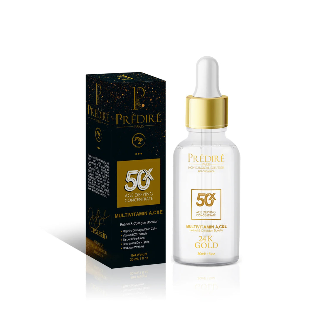 50X Premium Multi-Vitamin A, C, &amp; E Retinol &amp; Collagen Booster 24K Gold Serum